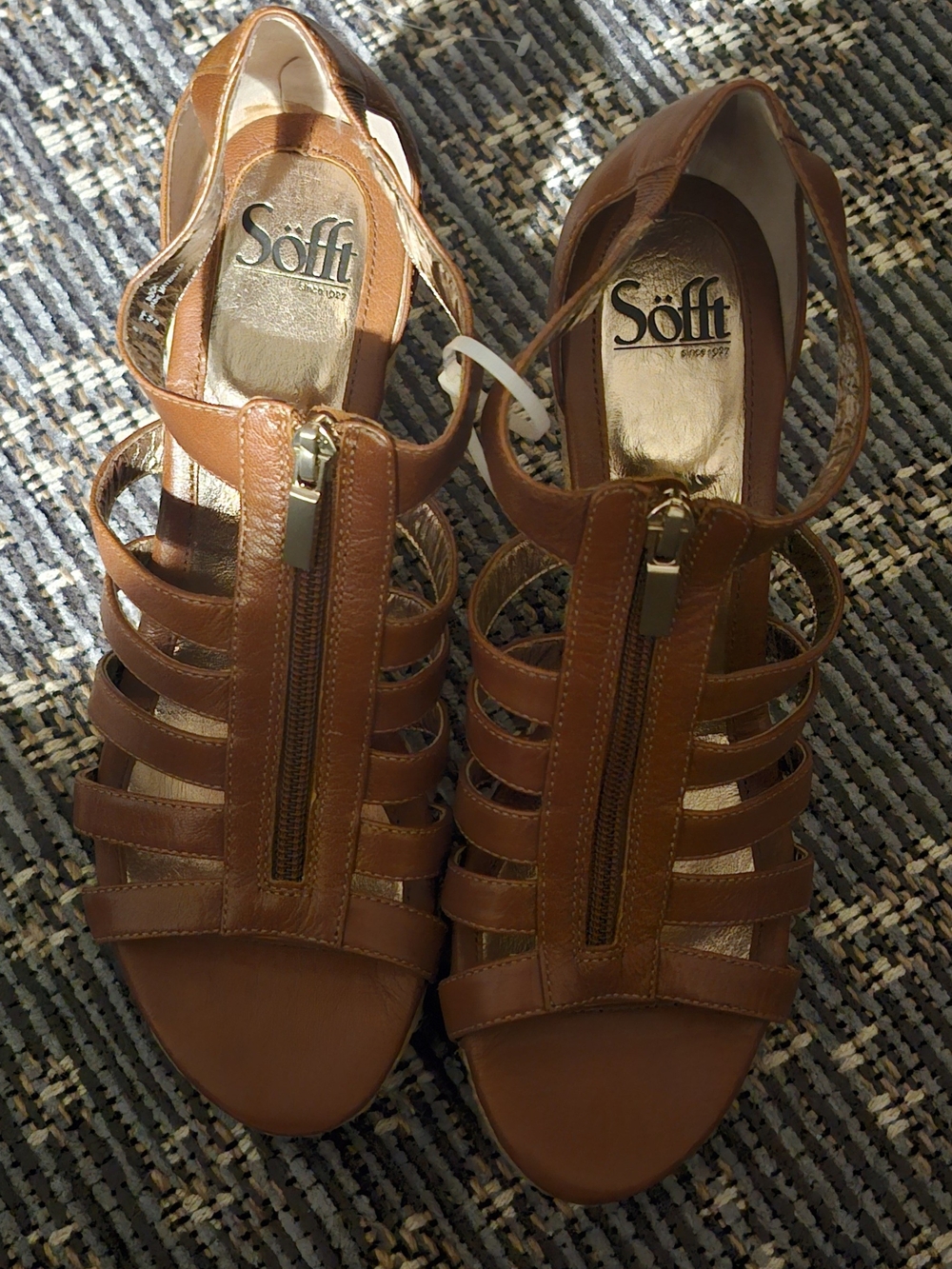 Sofft Tan Leather Strappy Wedge Sandals with Front Zipper